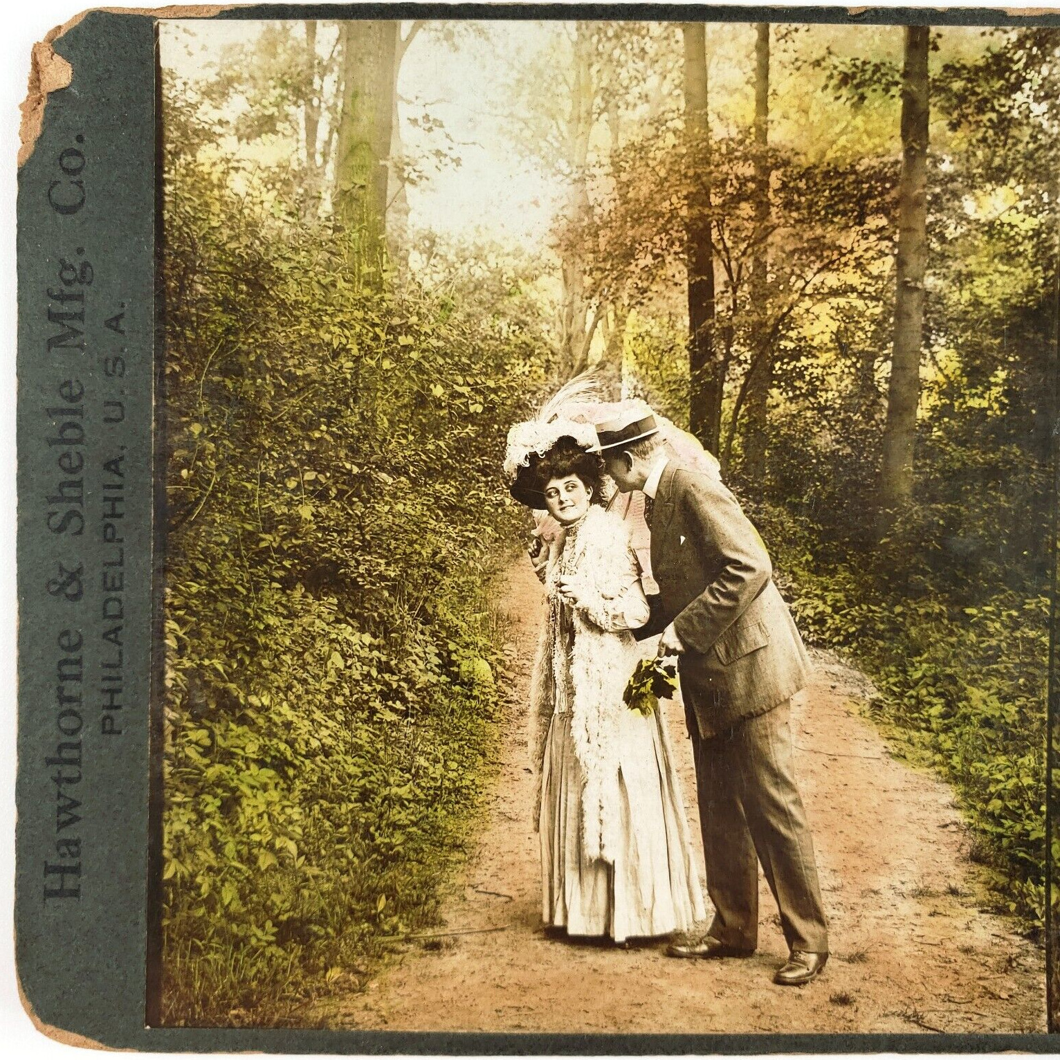 Young Lovely Tinted Couple Stereoview c1907 Philadelphia Park Lovers Lane E484