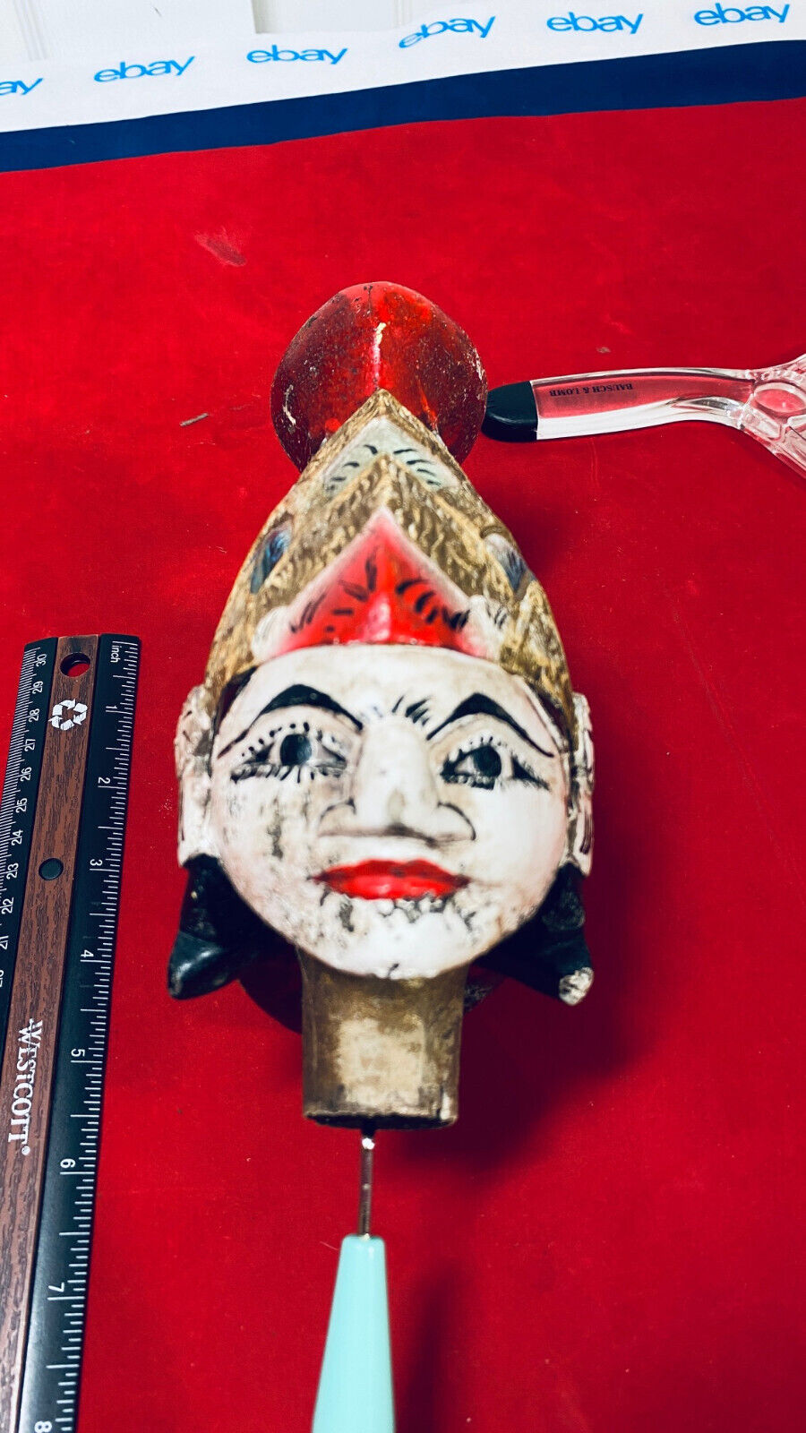 ANTIQUE HAND CARVED & PAINTED  INDIAN GODDESS FACE HEAD WOODEN CANE HANDLE KNOB