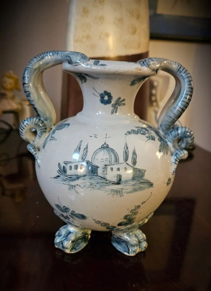 Italian Maiolica Renaissance Styled Cantagalli Vase. Snake Handled. Paw Footed.