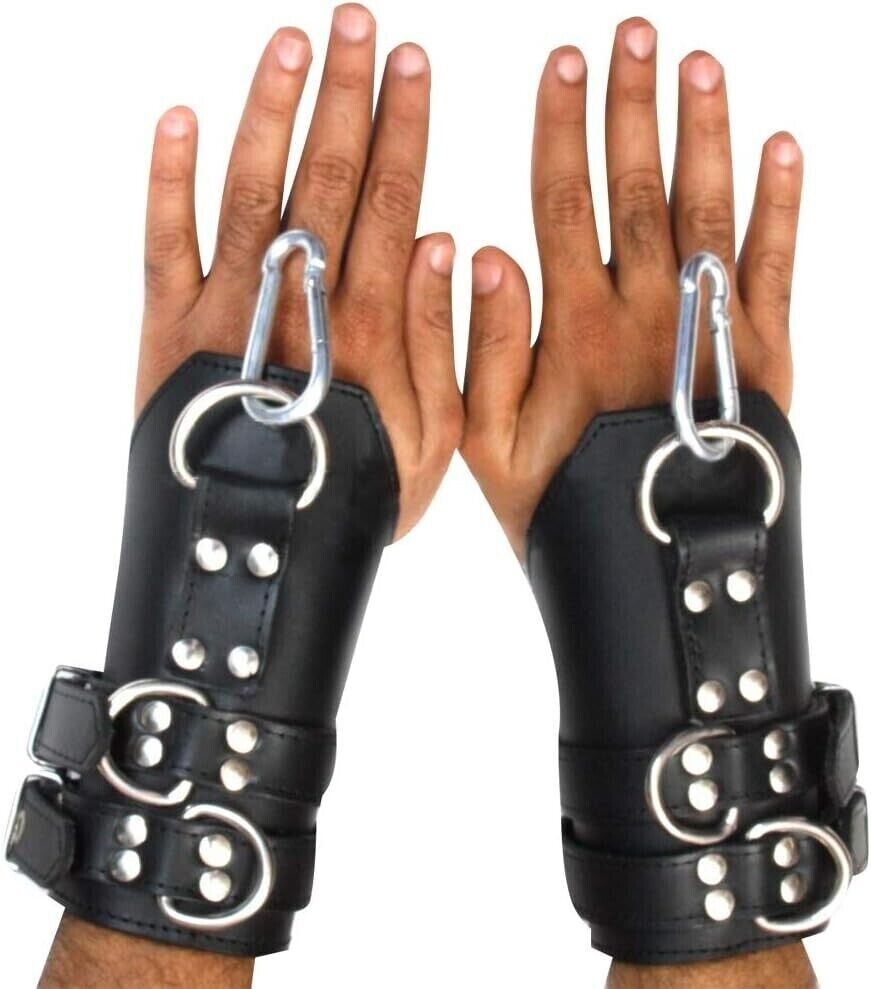 Bondage Leather Suspension Wrist Cuffs Restraints Set 2 Pcs Lockable Harness