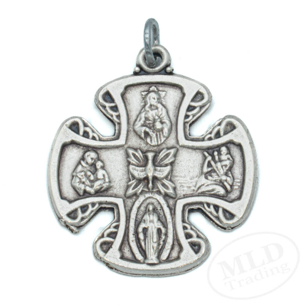 Four Way Catholic Cross Of Jesus 4-Way Medal Pendant Silver Pewter Made In Italy