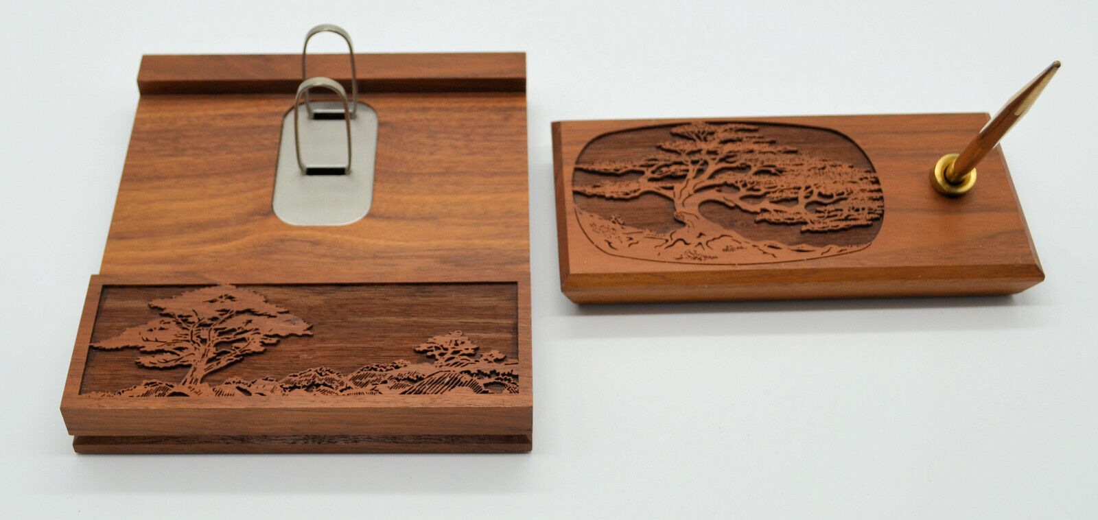 Lasercraft Desk Set Pen and Calendar Holder Wood Walnut Bonsai Tree 2 Pc Set B-1