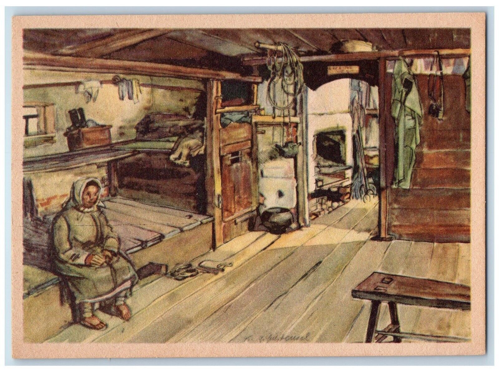 WW2 Germany Soldier Peasant Hut USSR Russia Henser Artist Vintage Postcard
