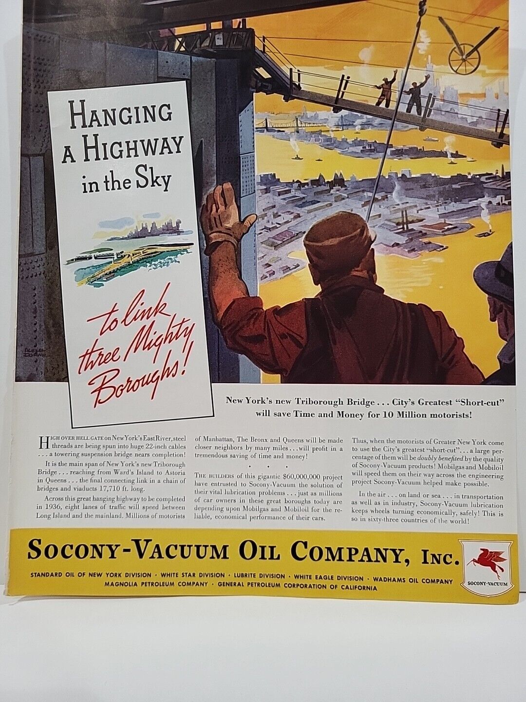 1935 Socony-Vacuum Oil Company Fortune Magazine Print Ad Triborough Bridge NYC