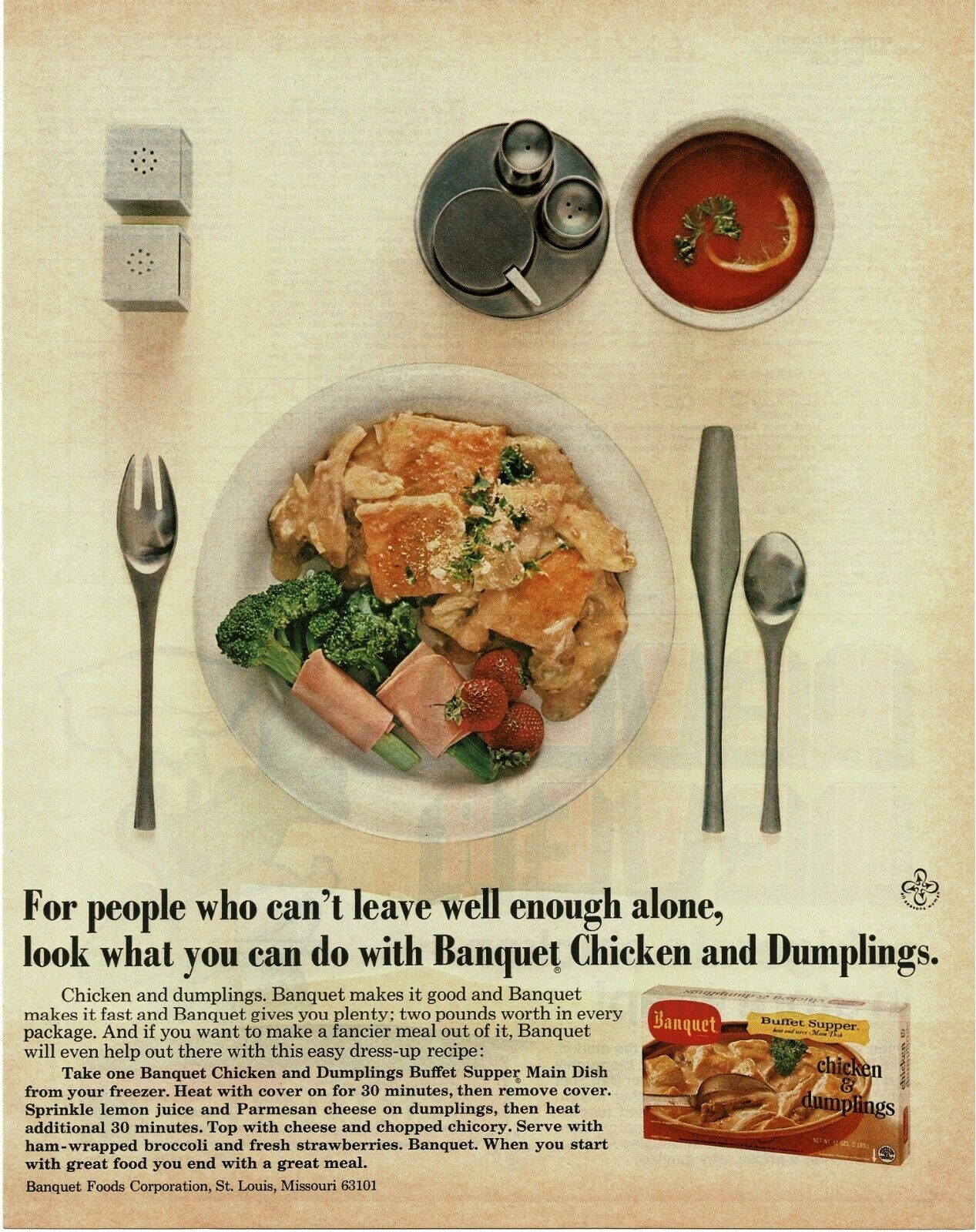 1973 BANQUET Buffet Supper Chicken and Dumplings w/ recipe Vintage Print Ad