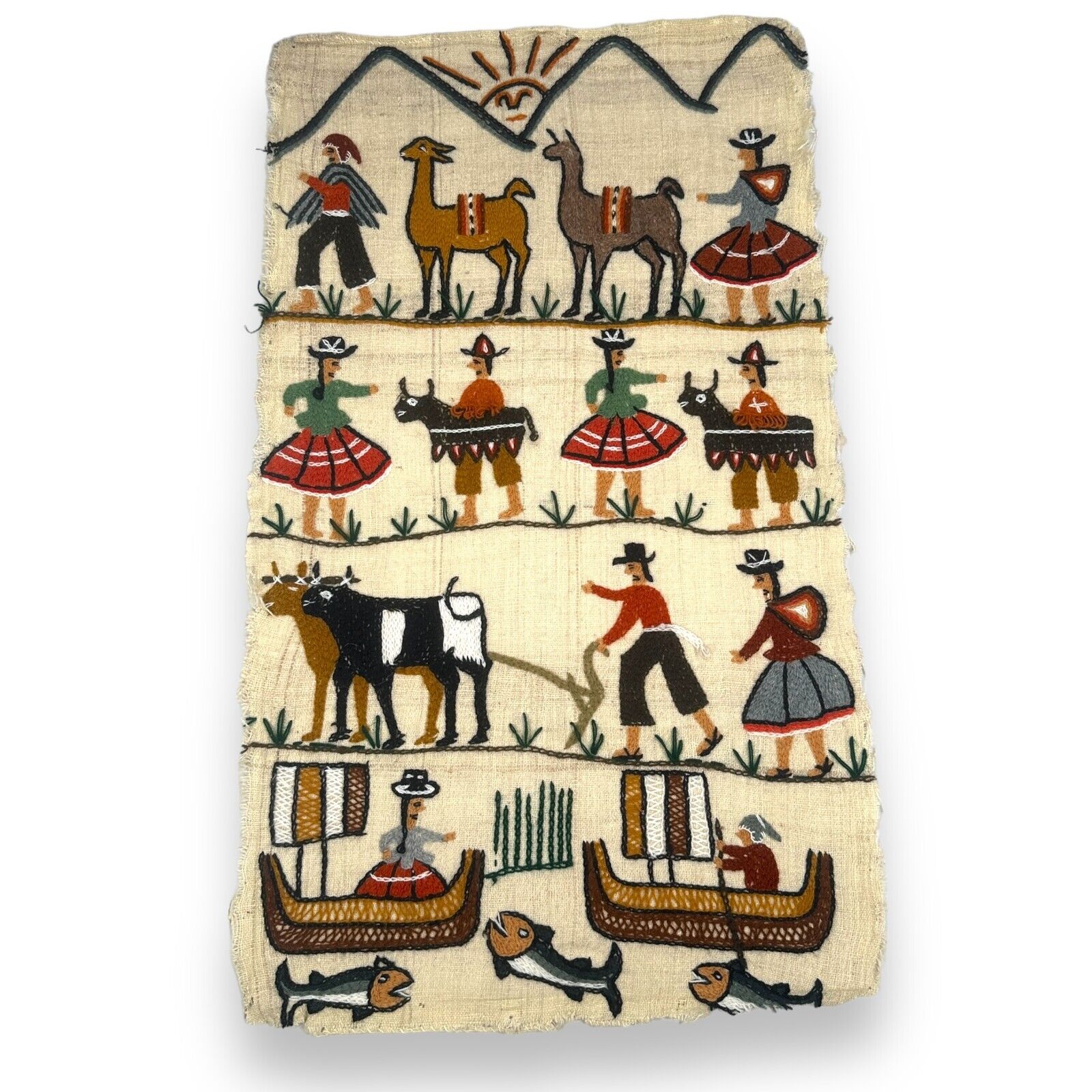 Vintage Peruvian Wall Tapestry Farmer Fisherman Embroidered Handcrafted Large