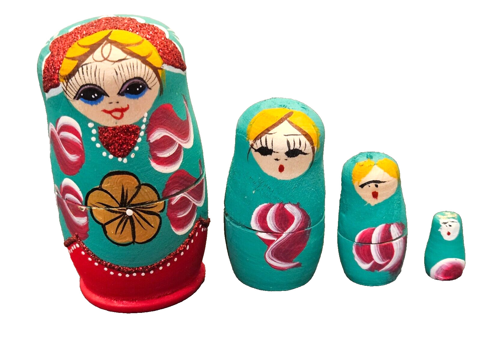 Set of 4 Russian Nesting Dolls Wood Hand Painted Red,Green Gold