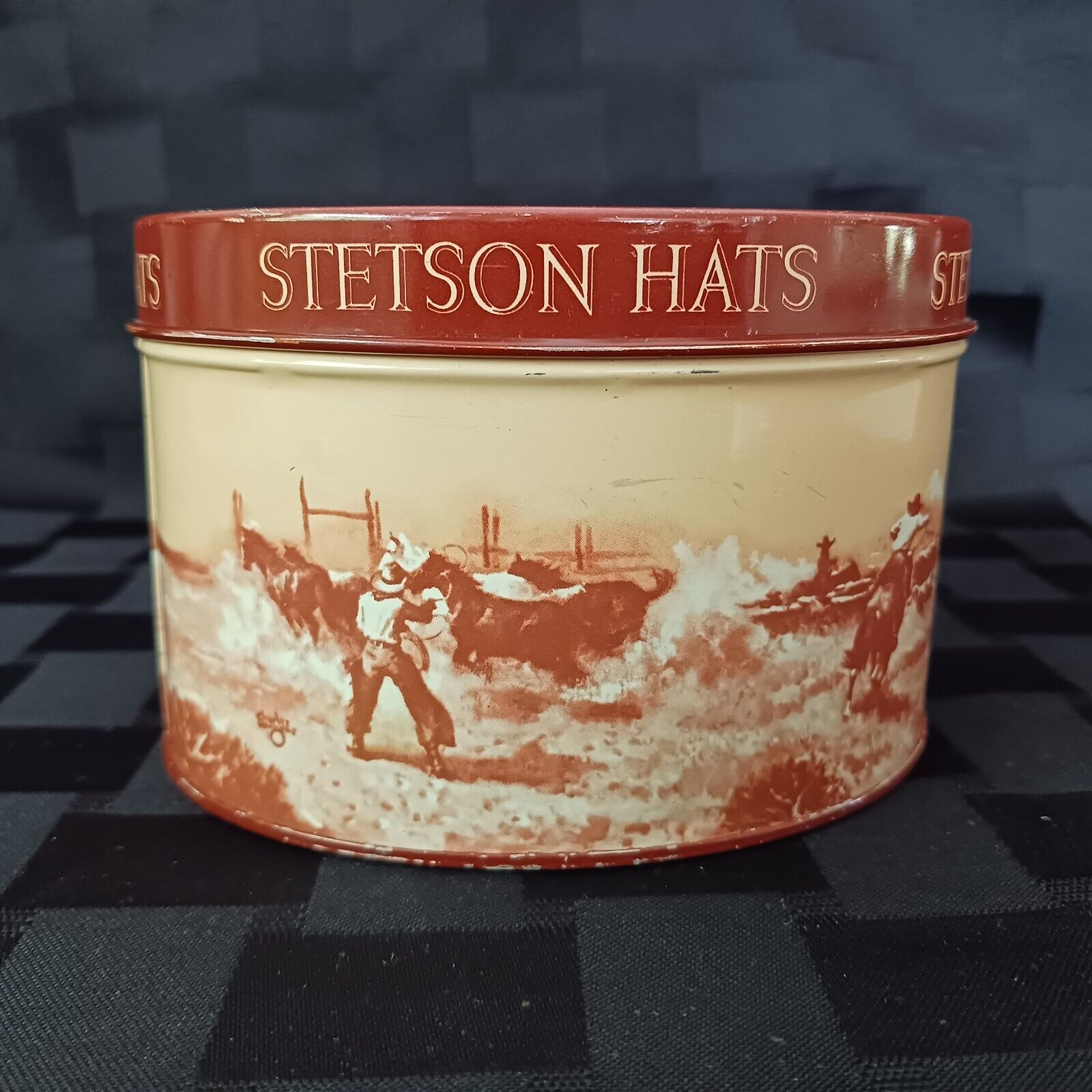 Vintage Miniature Stetson Hats Advertising Tin w/Cowboy Scene 