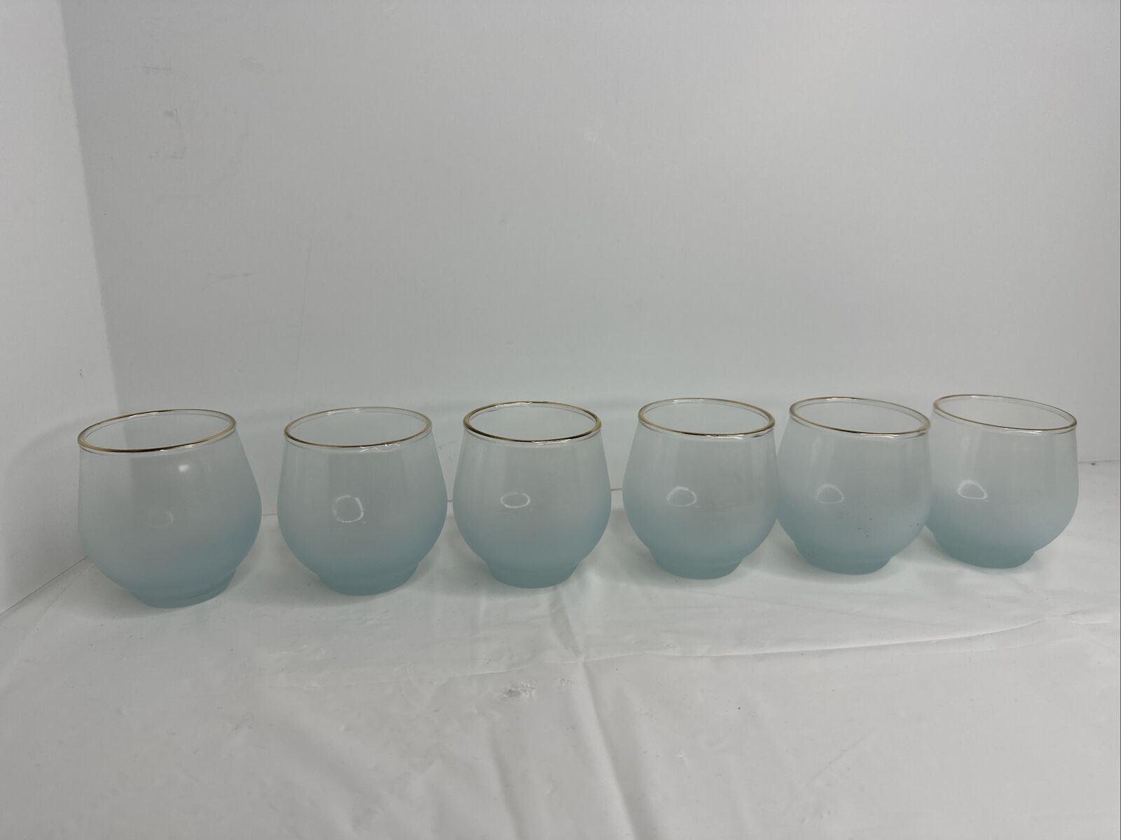 Vintage Set Of Six Blendo Blue Frosted Martini Brandy Cocktail Roly Poly Glasses