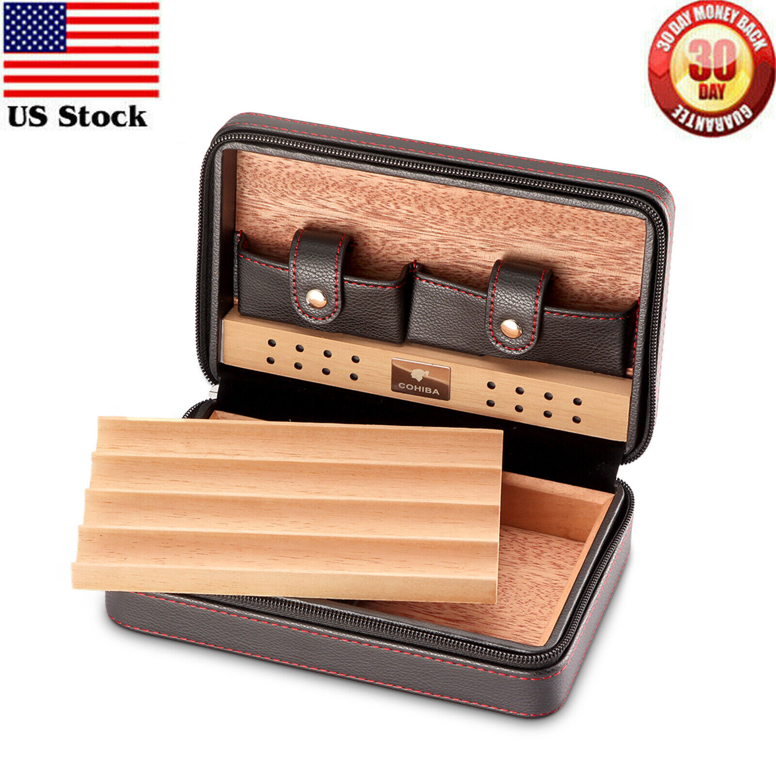 Black Travel Leather Cedar Cigar Case Cigar Humidor 4CT Protable With Gift Box