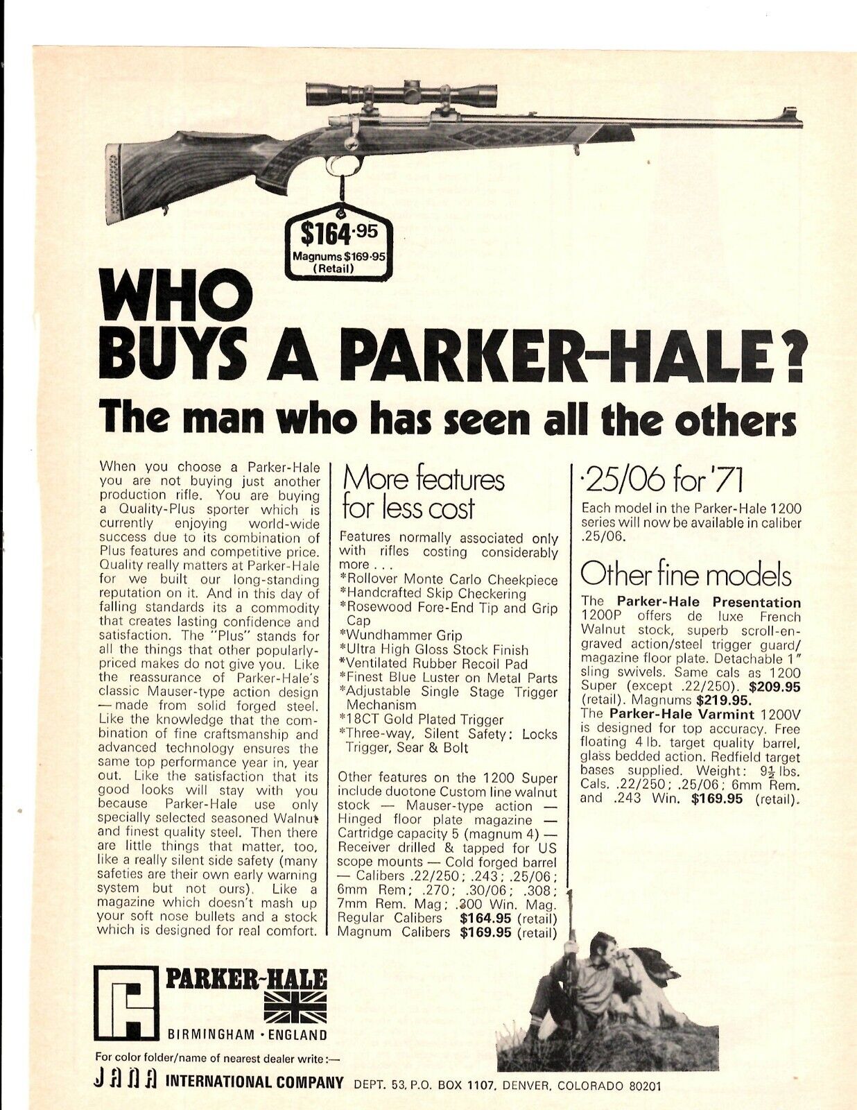 1971 Print Ad Parker-Hale Birmingham Eng 1200 25/06 Presentation Varmit Rifle