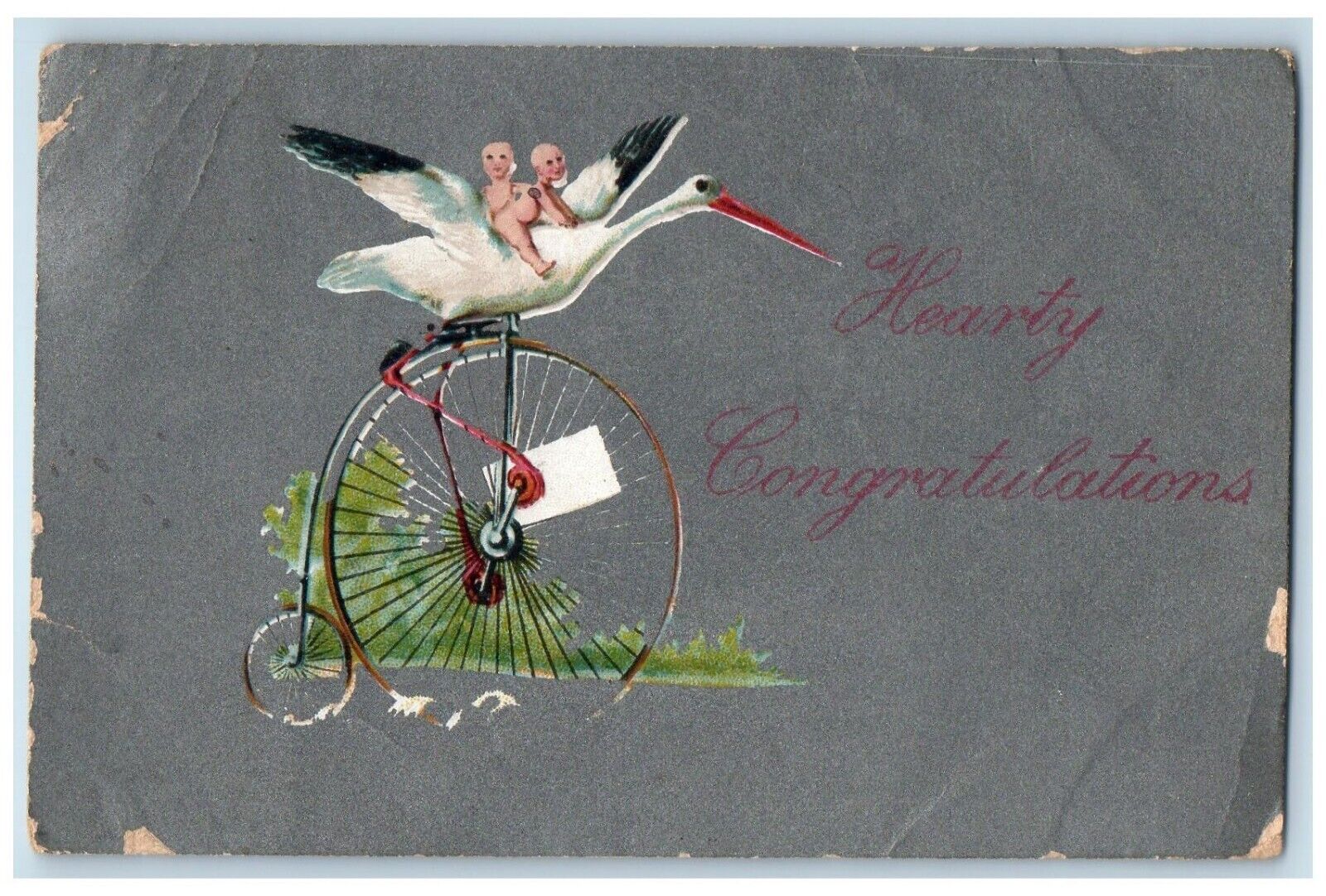 1907 Hearty Congratulations Bicycle Stork Delivering Twin Babies Postcard