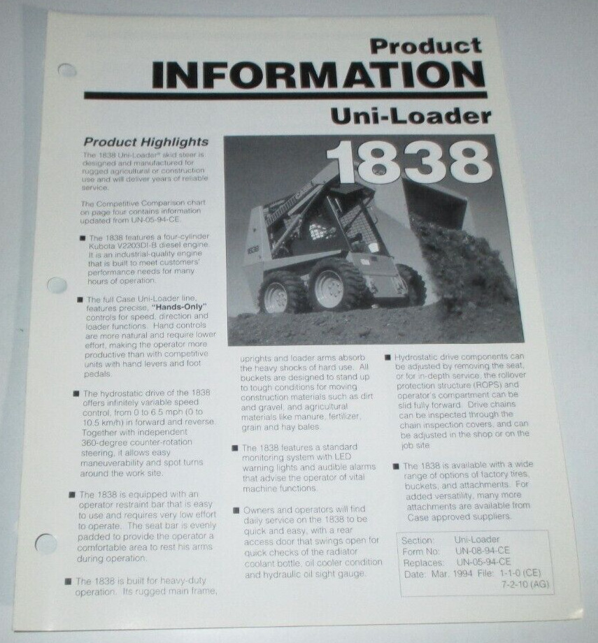 Case 1838 Skid Steer Uni-Loader Product Information Sales Brochure 3/94 Original