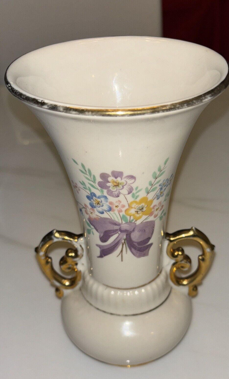 Vintage Vase White Floral with Handles Abingdon USA Pottery