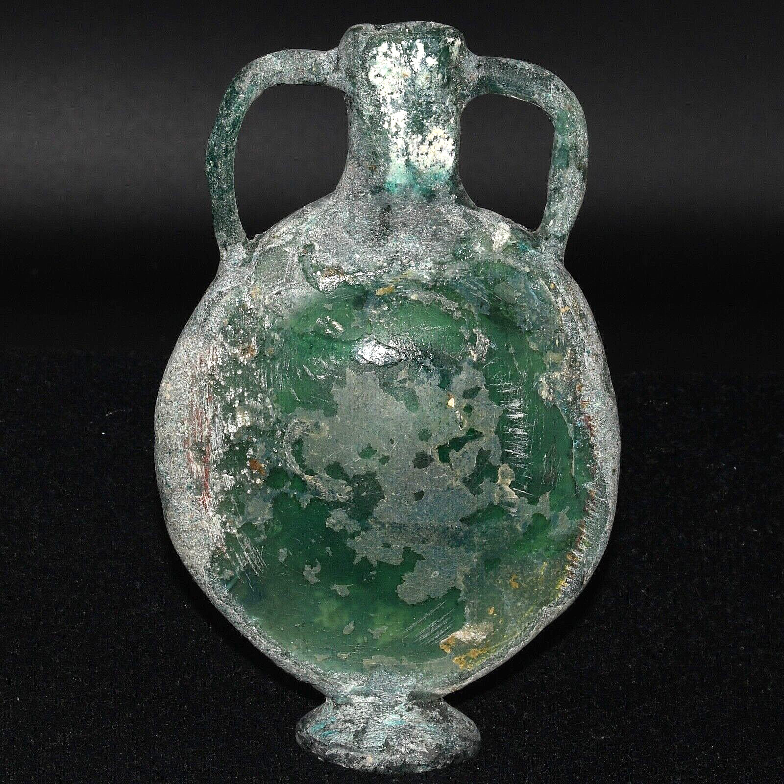 Authentic Ancient Roman Glass Vessel with Double Handle Circa 1st-2nd Century AD