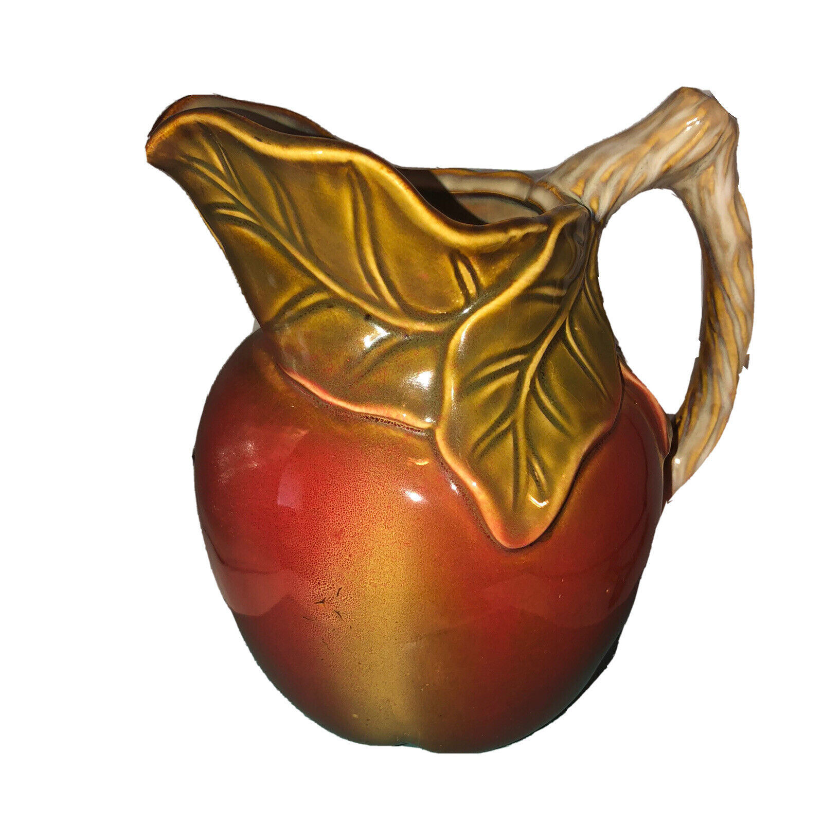 Adorable 7 Inch Majolica Apple Shaped Pottery Pitcher Pretty