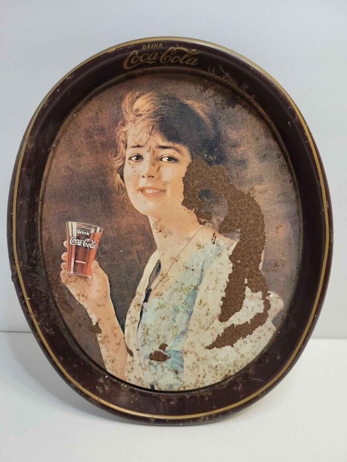 Vintage Drink Coca Cola”Gibson Girl” Oval Tin Tray 1973 Soda Drink Advertising 