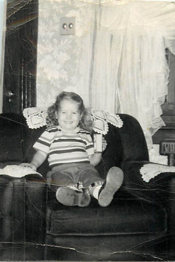Little Girl On Chair holdin Toy Photograph Photo 2x3 1950s 10/1/56