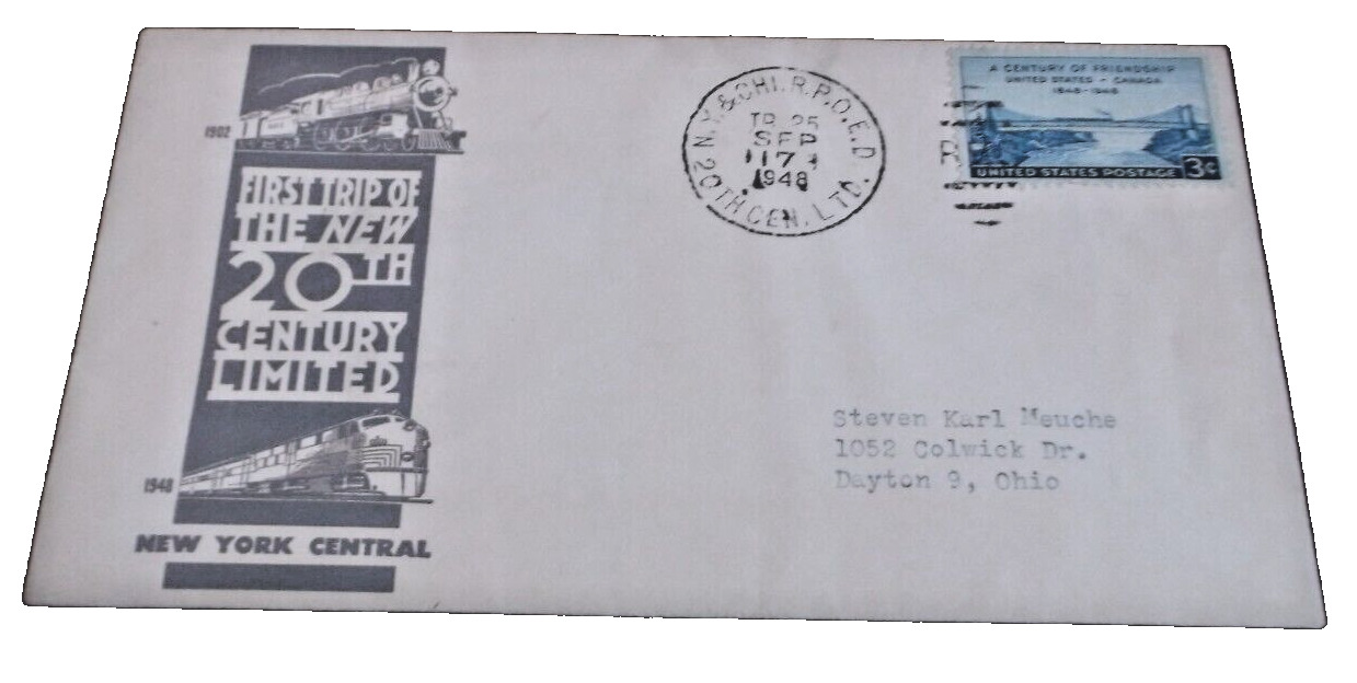 SEPTEMBER 1948 NEW YORK CENTRAL NYC NEW 20th CENTURY LIMITED ENVELOPE CACHE AA