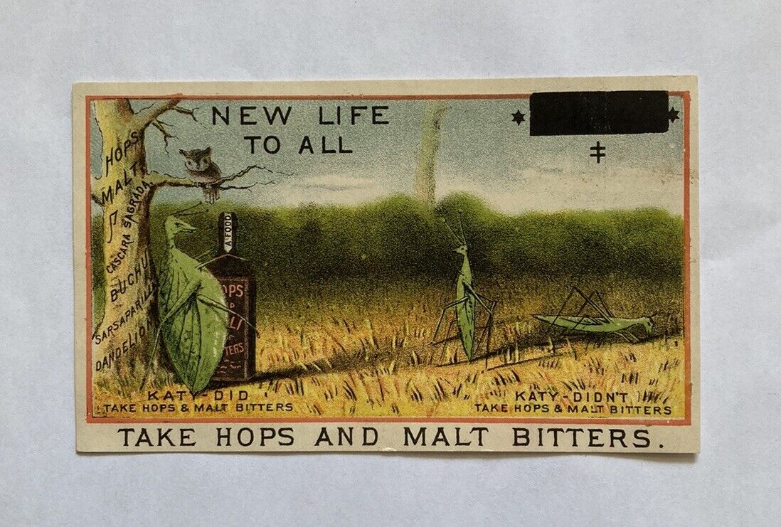 Hops And Malt Bitters Victorian Trade Card Quack Medicine Grasshoppers Nature