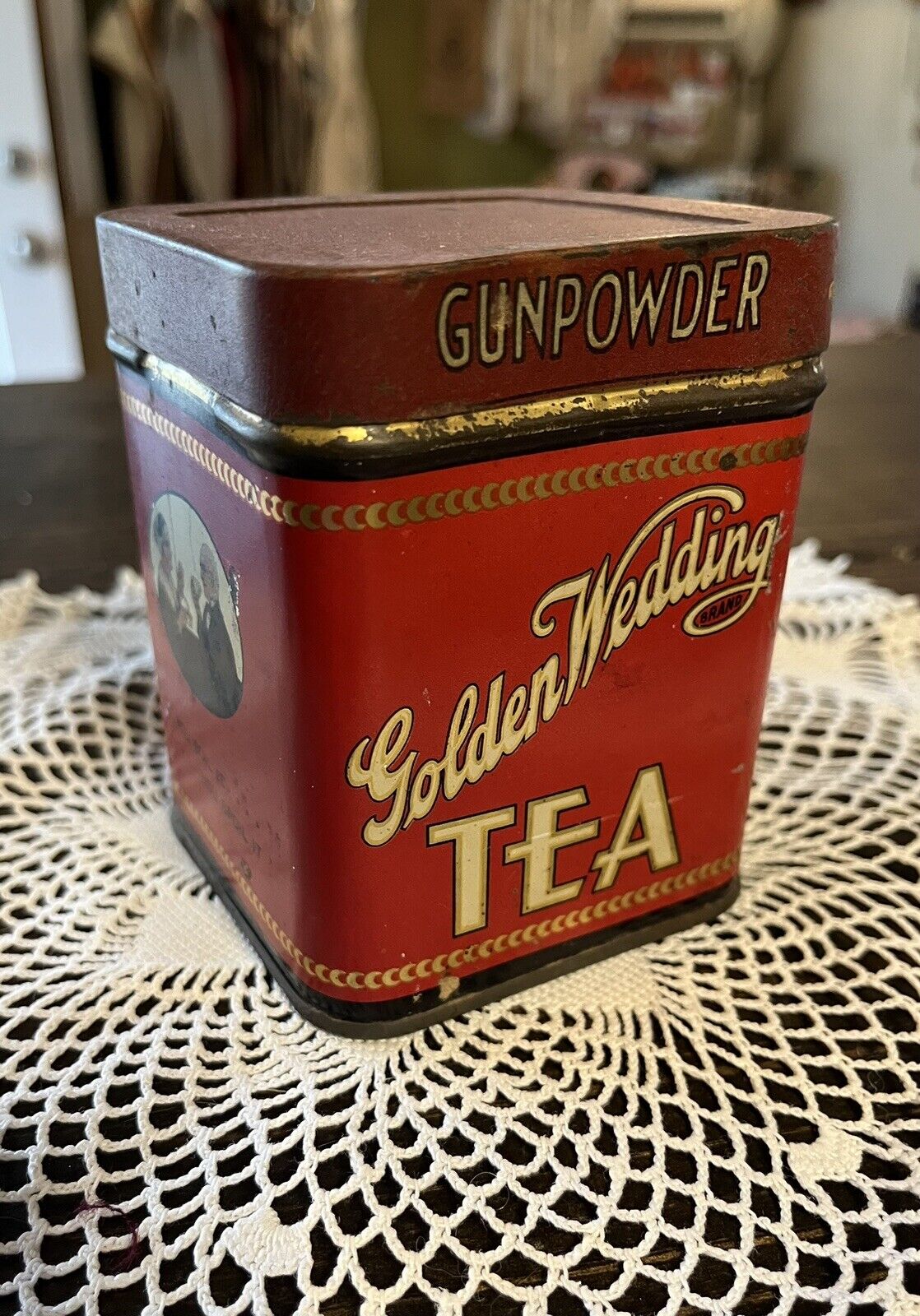 Antique Golden Wedding Tea Tin With “Gun Powder” Lid…