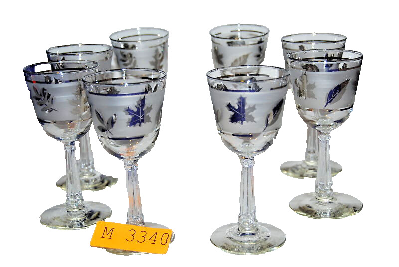 Libbey Rock Sharpe Silver Leaf Wine Glasses Set of 8 Vintage  M3340