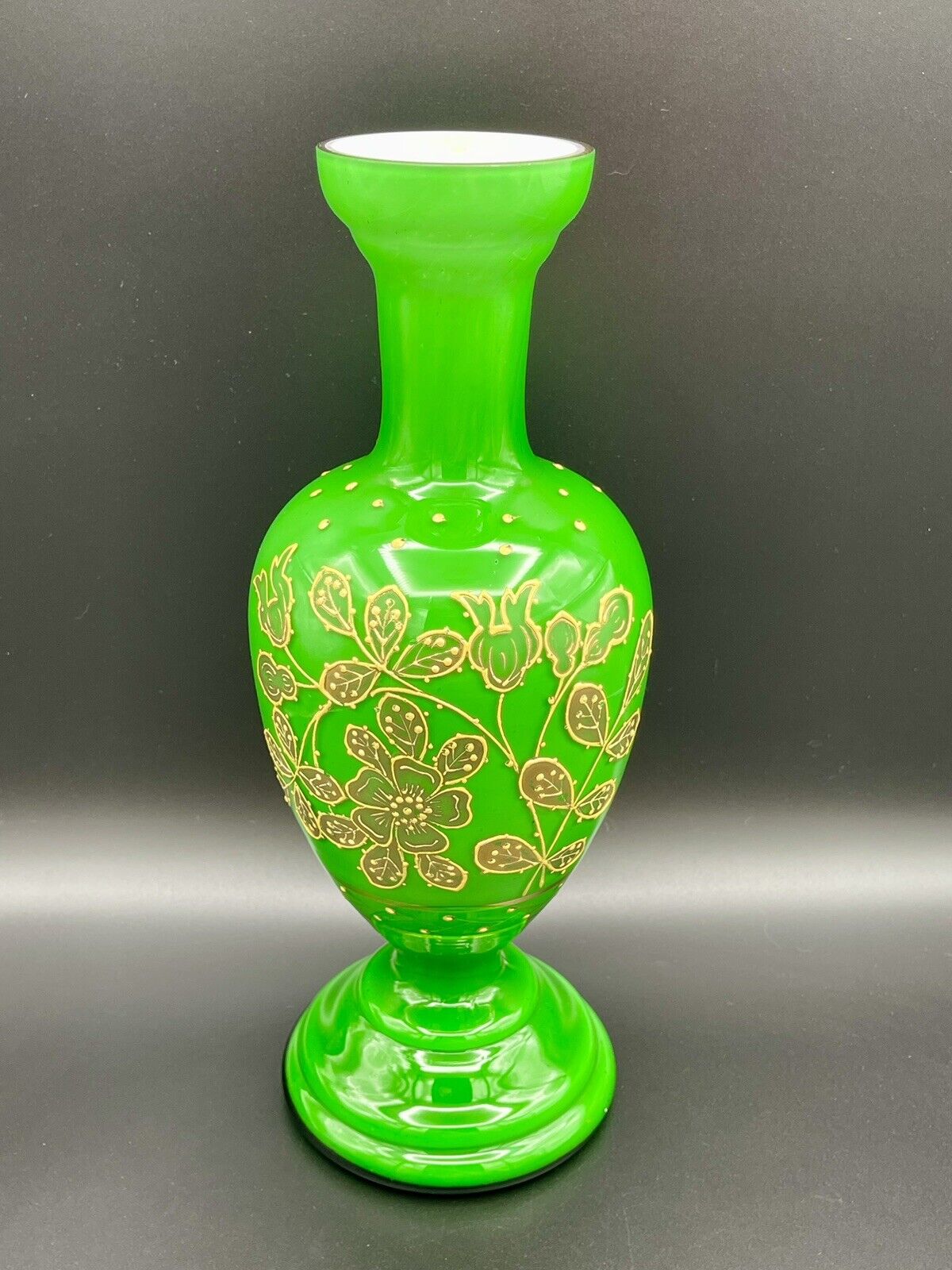 LARGE Antique Victorian Cased Glass Mantel Vase Emerald Green Enameled Florals