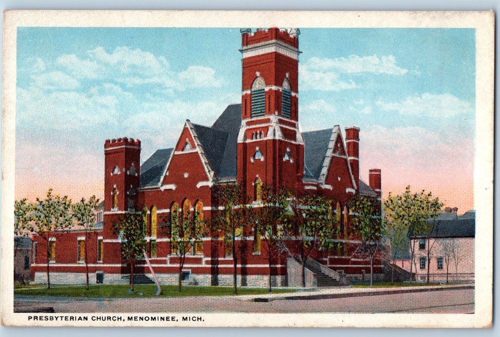 Menominee Michigan MI Postcard Presbyterian Church Exterior  c1920\'s Antique