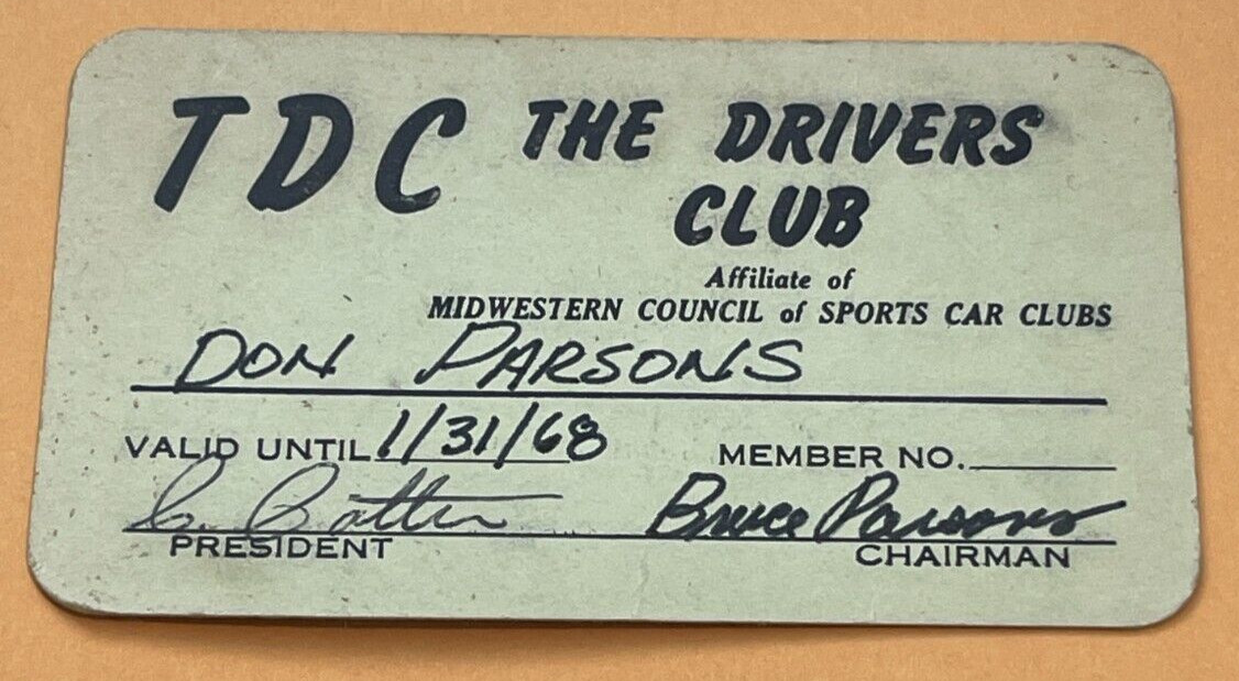 VINTAGE 1968 TDC THE DRIVERS CLUB MIDWESTERN COUNCIL SPORTS CAR MEMBERSHIP CARD