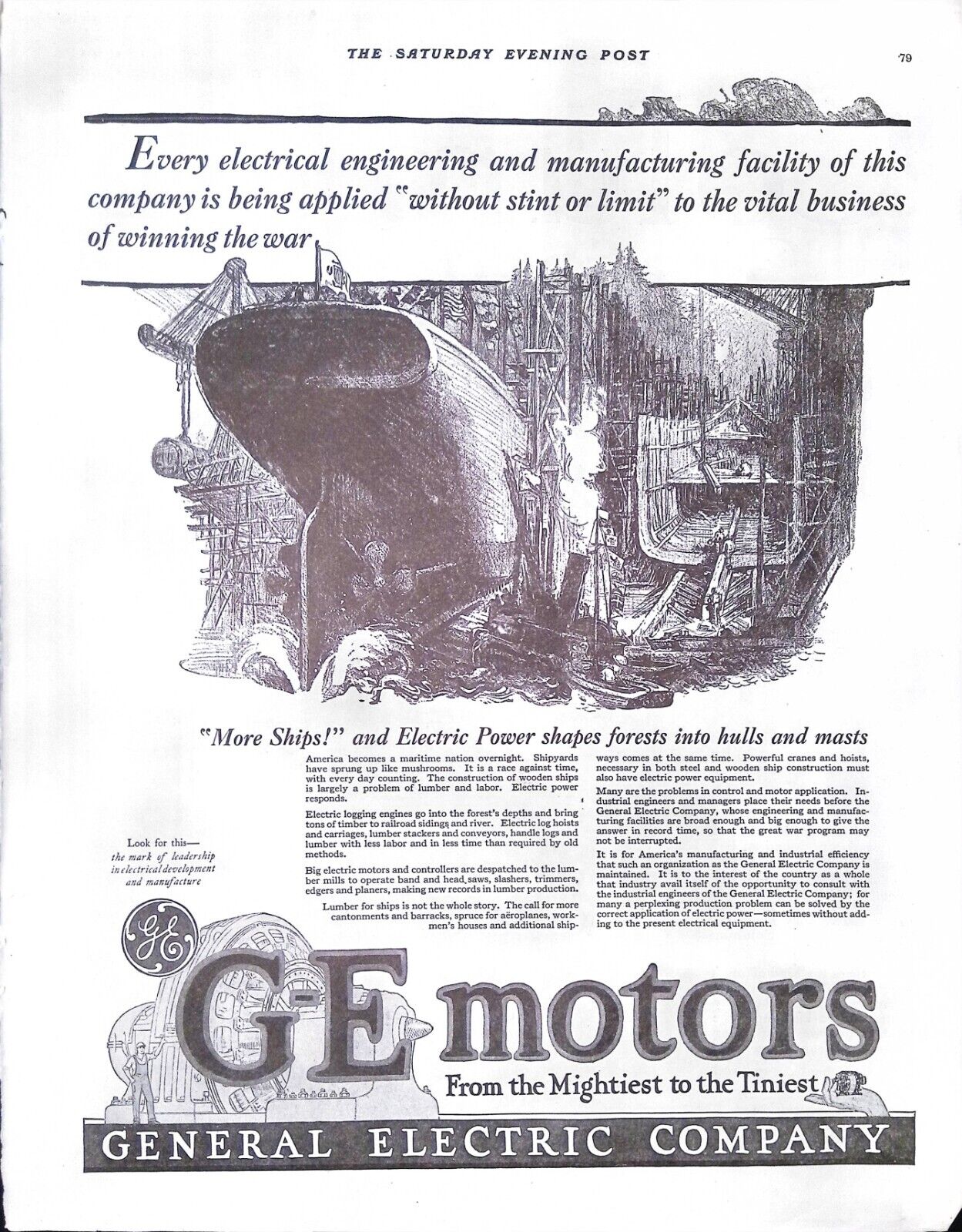Vintage Magazine Ad Ephemera - GE Motors - WWI - 1918 - Saturday Evening Post Ad