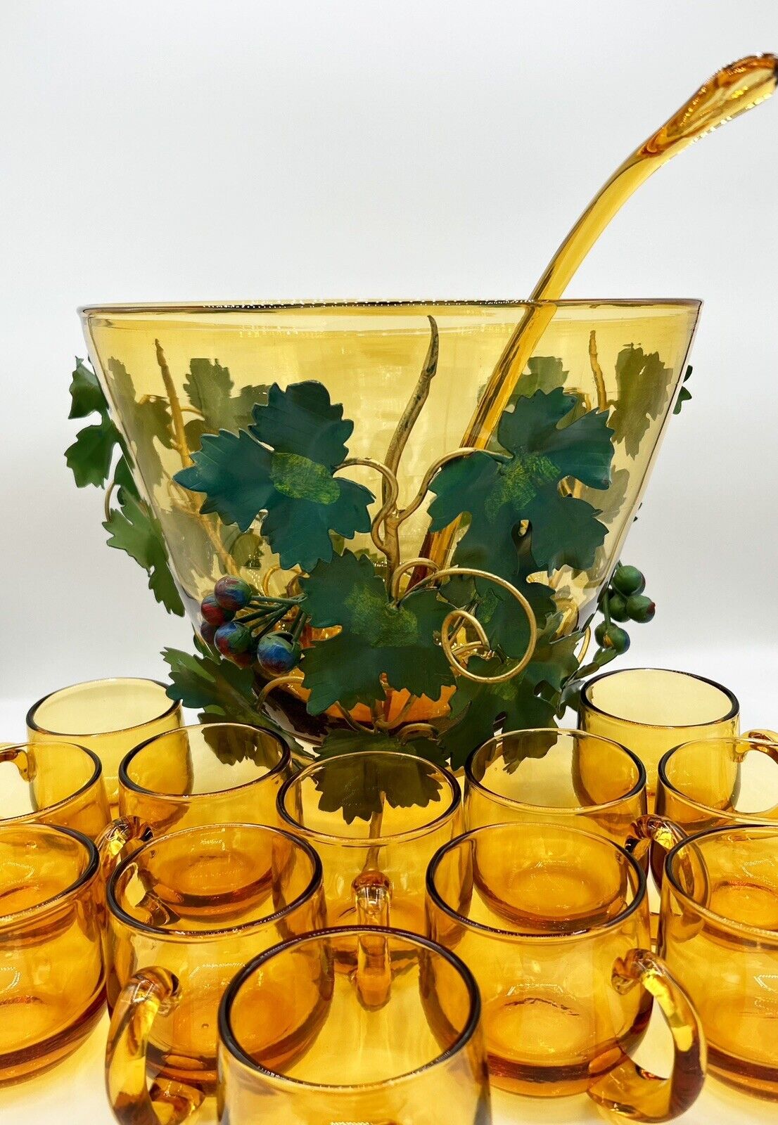 Italian Punch Bowl Set Honey Amber Hand Blown Glass Grape Vine Metal Stand