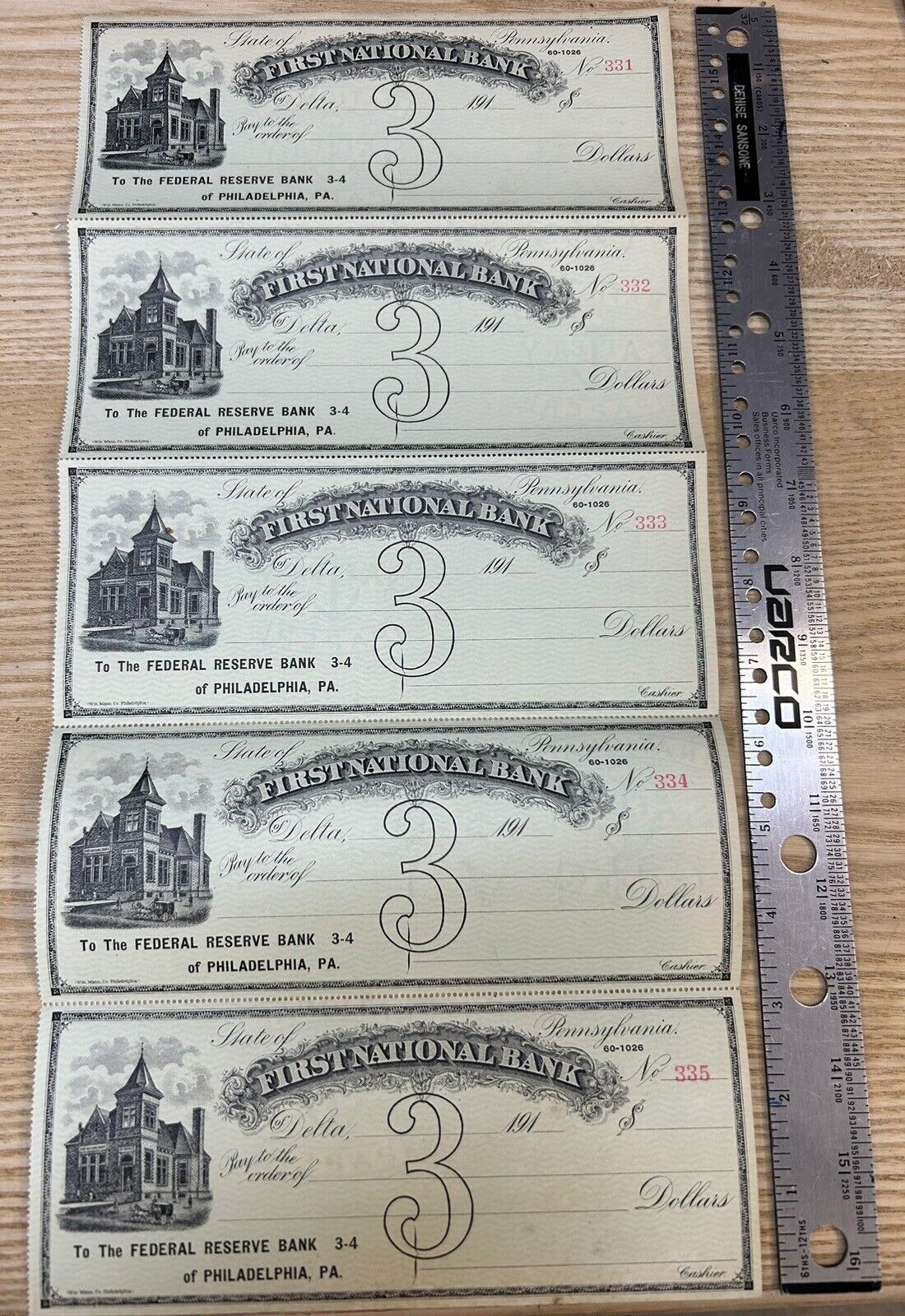 Antique 1910s The First National Bank Blank Checks Delta PA