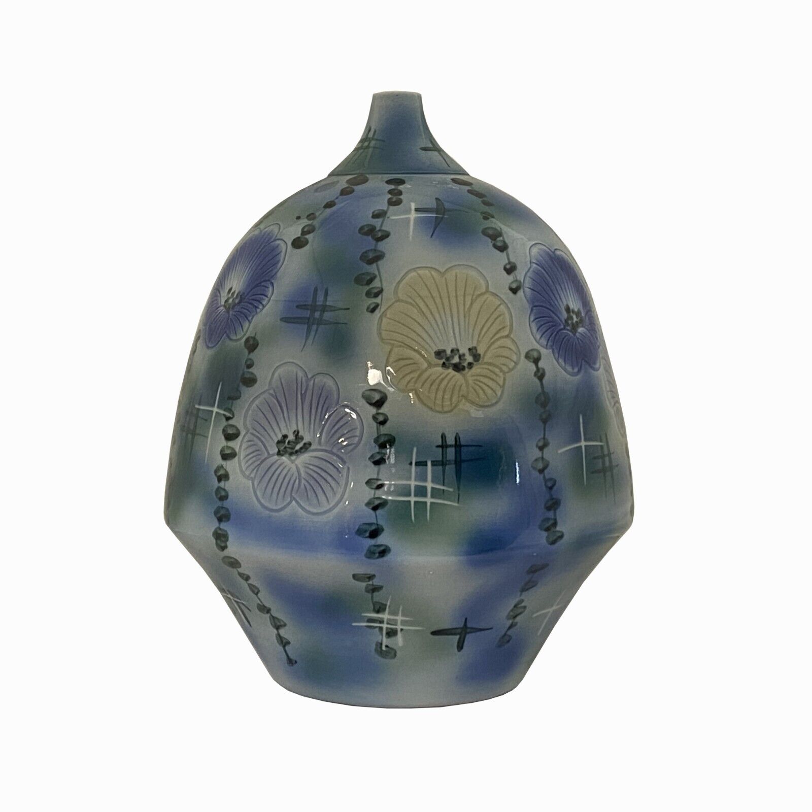 Artistic Flower Blue Green Porcelain Fat Round Body Small Mouth Vase ws3514