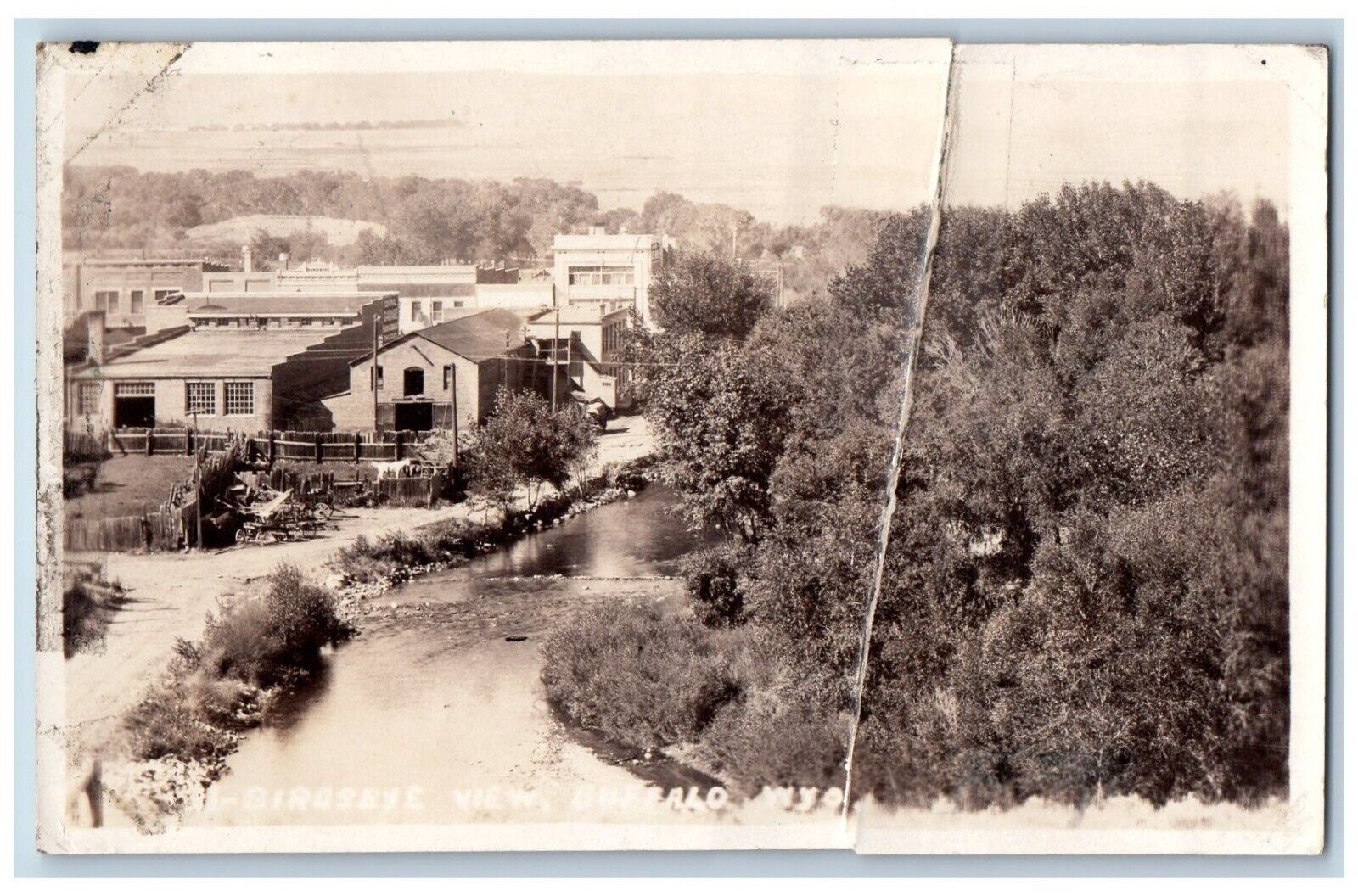 Buffalo Wyoming WY Postcard RPPC Photo Birdseye View River Dirt Road 1925 Posted