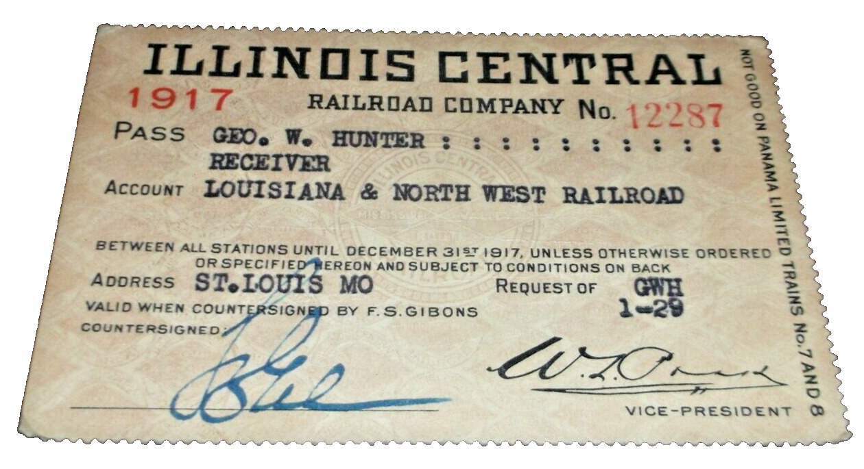 1917 ILLINOIS CENTRAL EMPLOYEE PASS #12287 L&NW