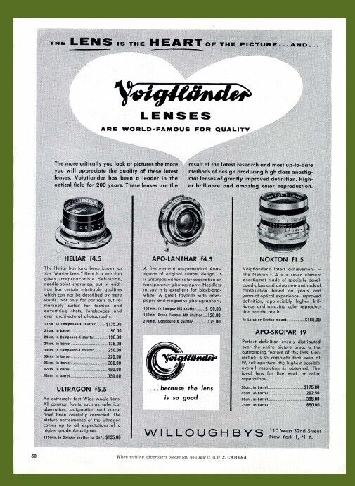 Voigtlander Lenses w/prices APO-Lanthar Ultragon APO Skopar - 1954 Print Ad