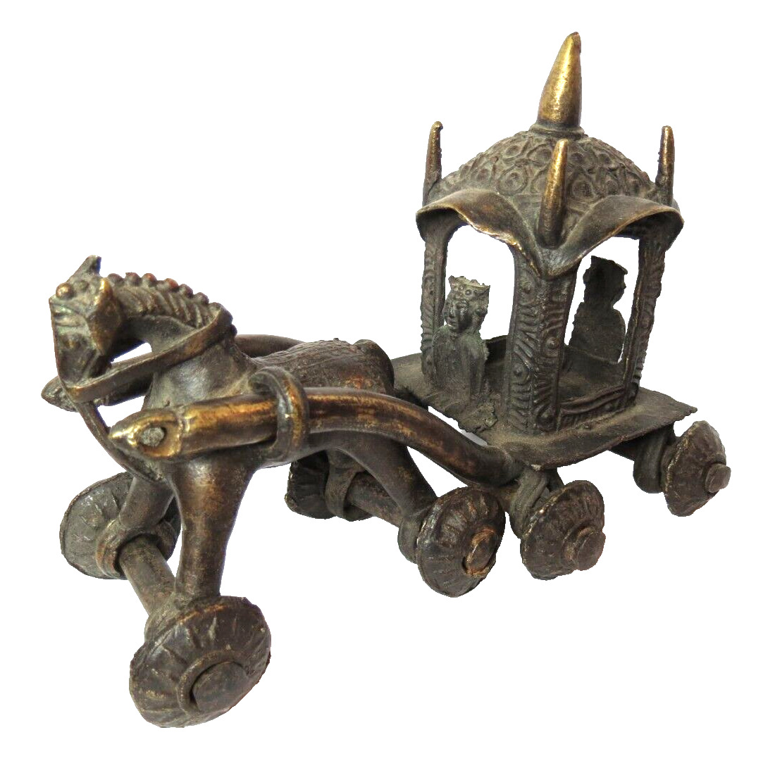 ANTIQUE RARE INDIA HINDU BRONZE TEEMPLE HORSE CHARIOT STATUE KIDS TOY ON WHEELS