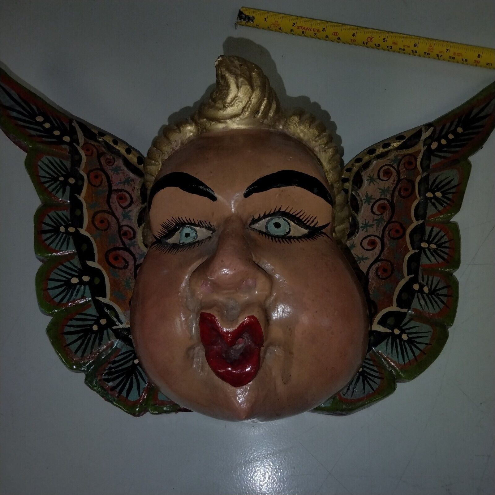 Carved WOOD ANGEL, 17 Inch Mexican Folk Art Wood Angel Mask Hanging Cherub 