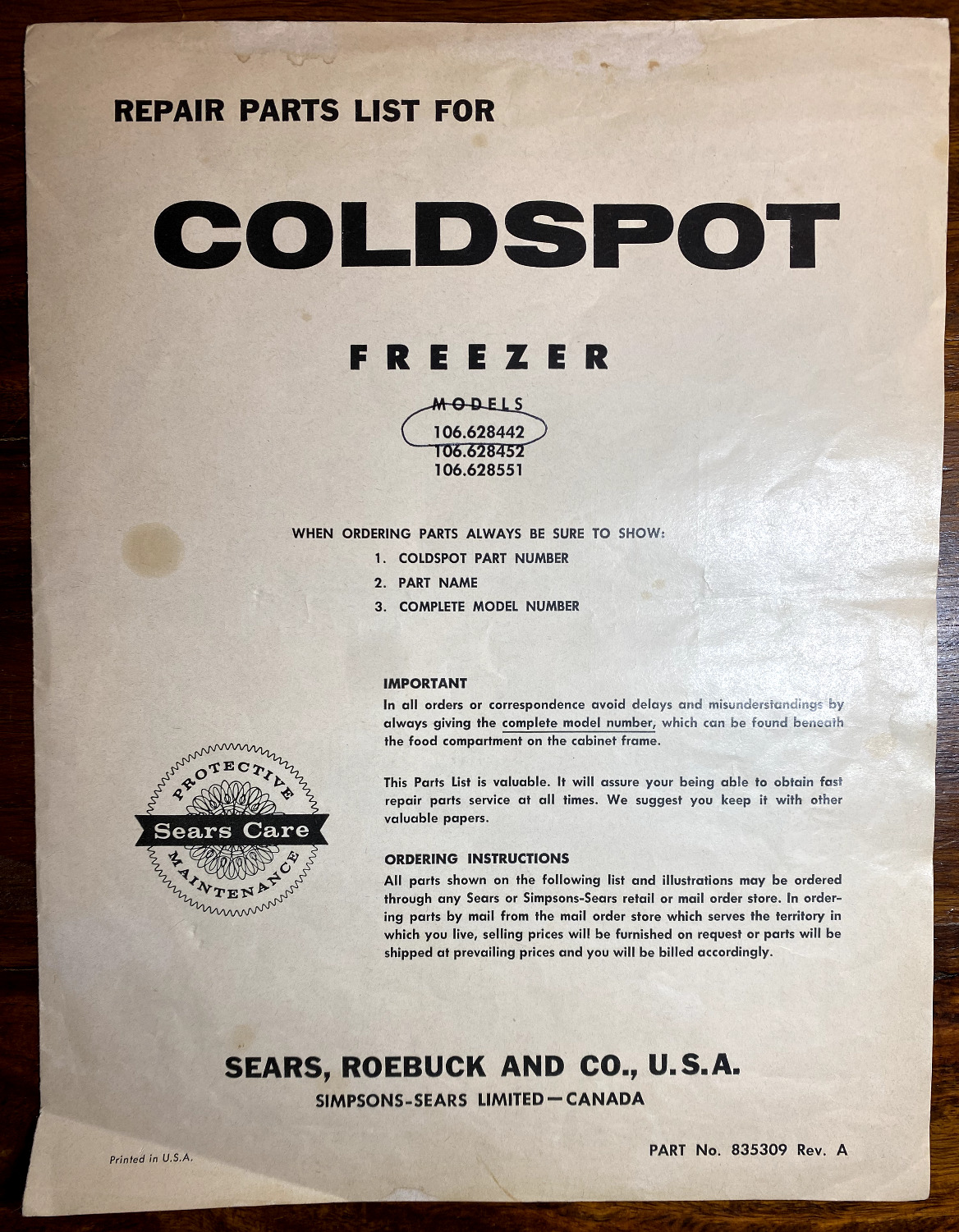 Coldspot Freezer Repair Parts List 106.628442 SEARS & ROBUCK Upright Part 835309