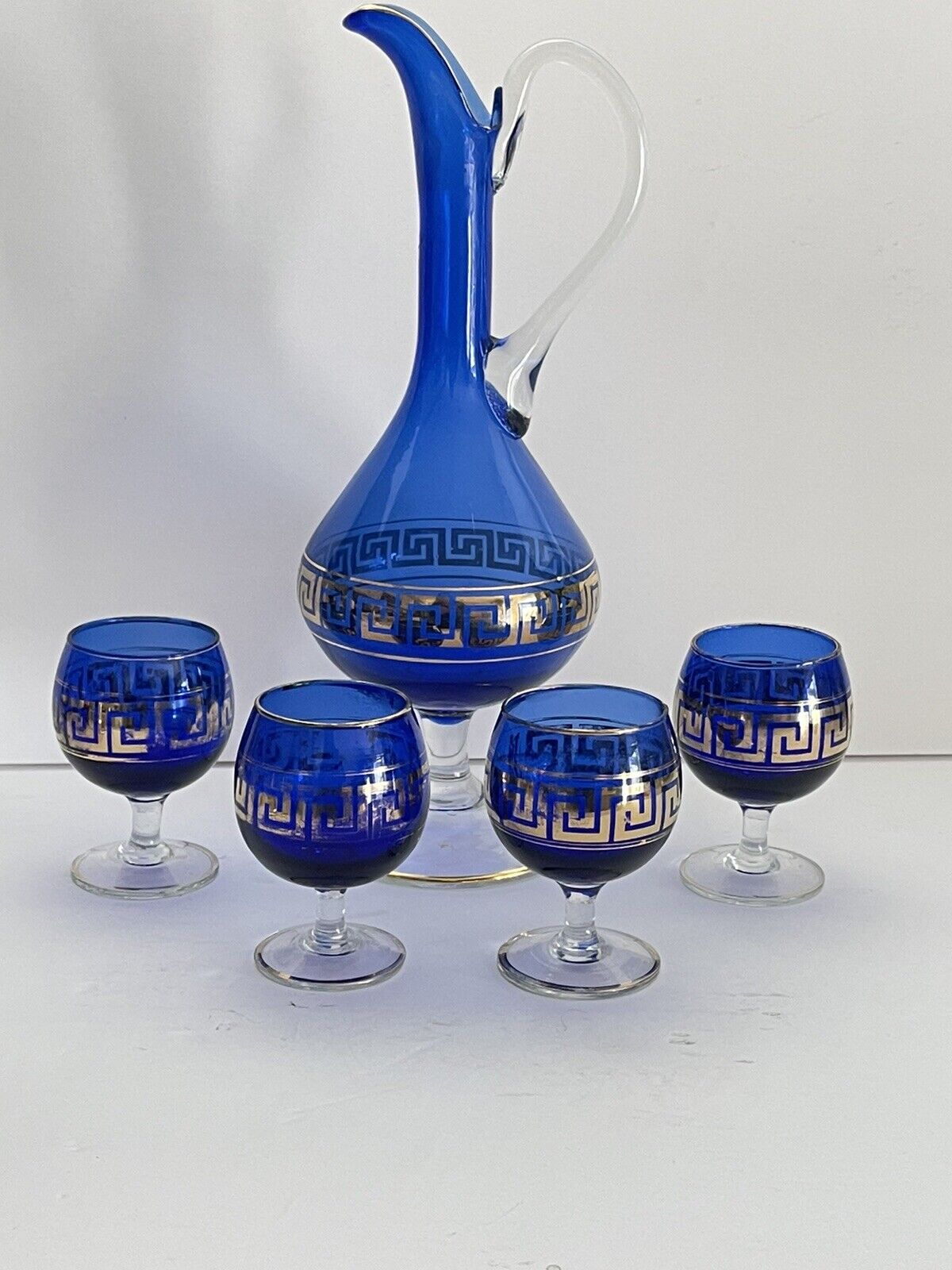 Vintage Cobalt Blue & Gold Blown Glass Decanter & 4 Cups RARE Greek Key