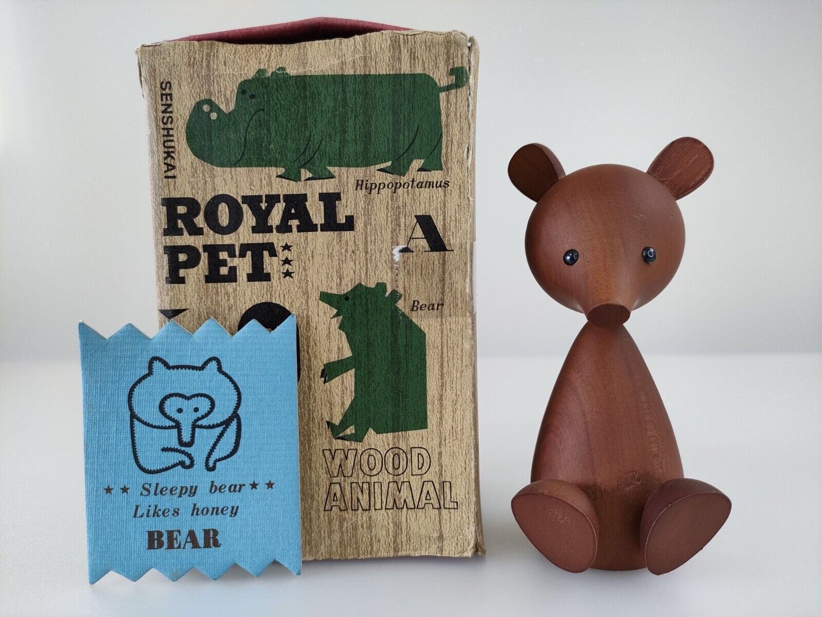 Senshukai Japanese vintage Wooden Animal Figurine Bear with Original Box