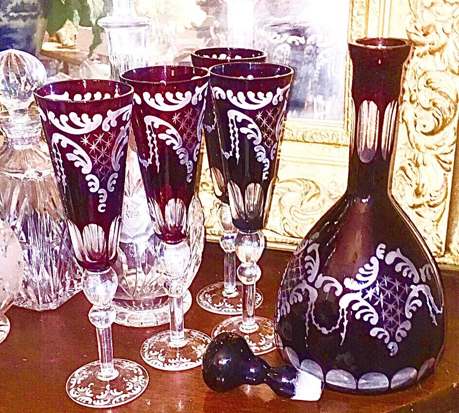 4 Gibson Cut to Clear Ruby Red Champagne Flutes Antique Etched Crystal Vintage