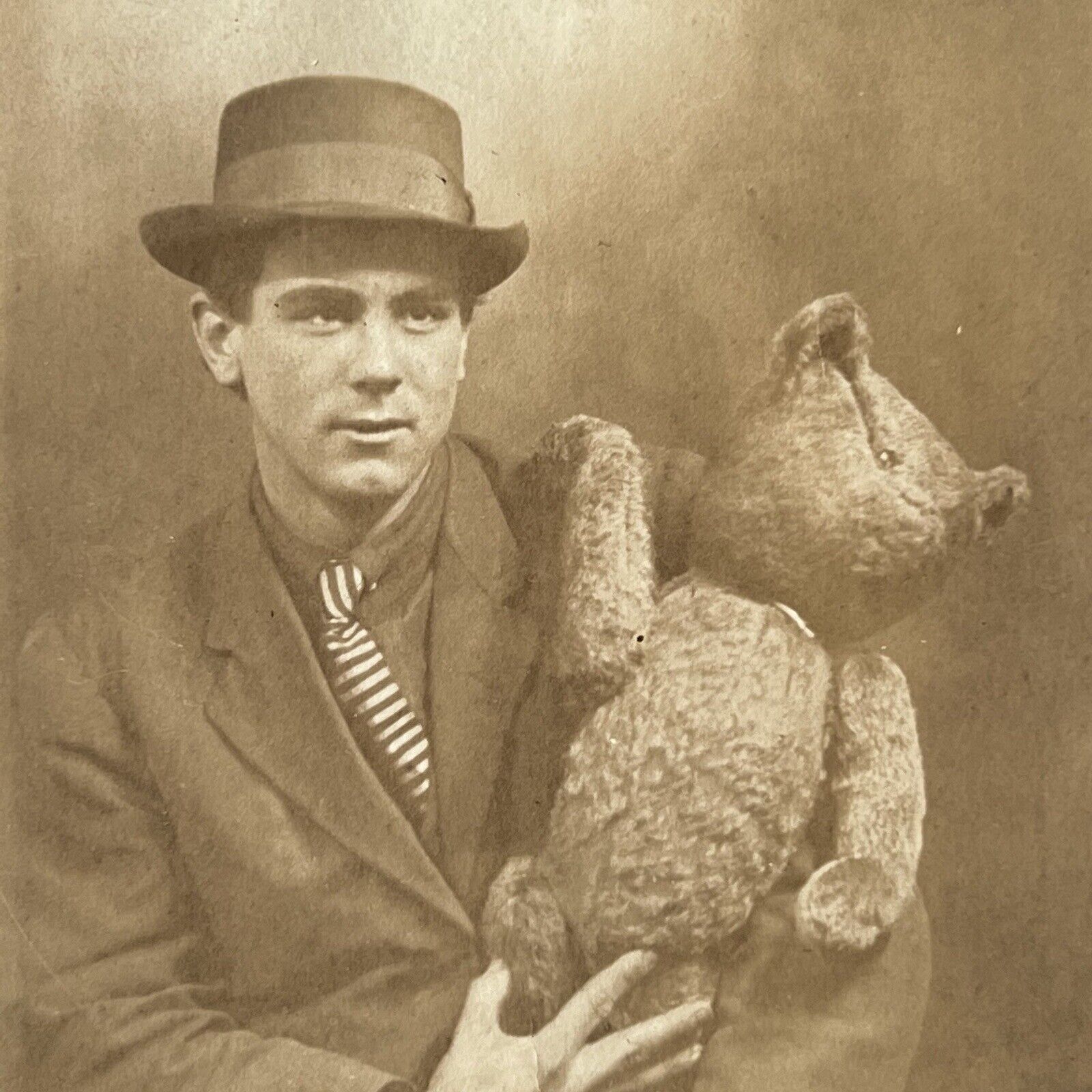 Antique RPPC Real Postcard Handsome Young Man With Large Jointed Steiff Bear