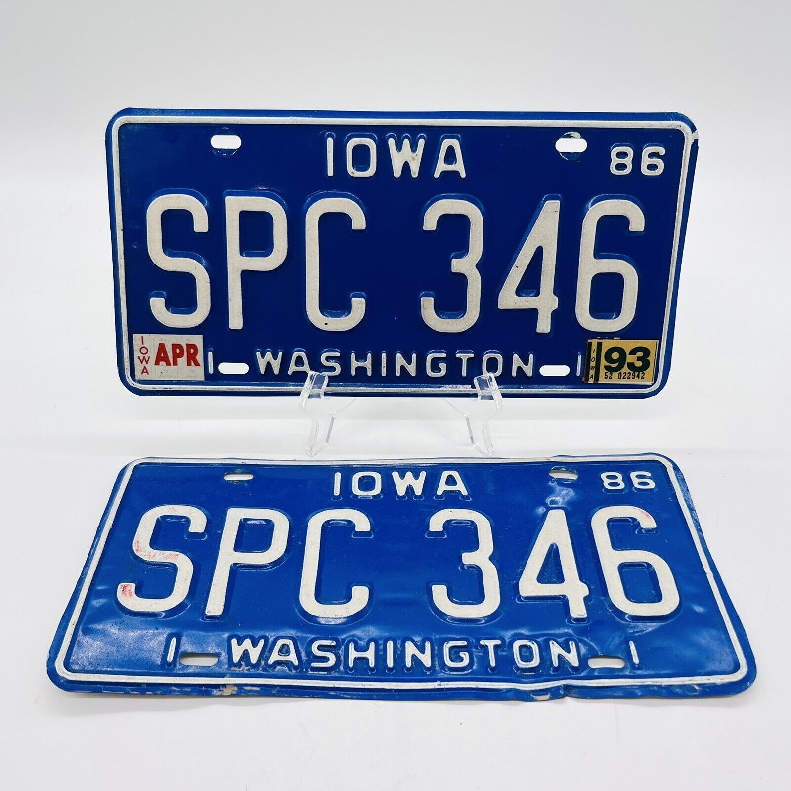 Iowa Vtg 1986 Collectible License Plate Original Pair Set White On Blue SPC 346
