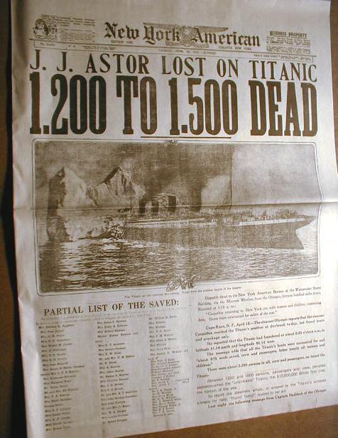 1912 newspaper TITANIC SINKS -w/ BIG Headline & photo