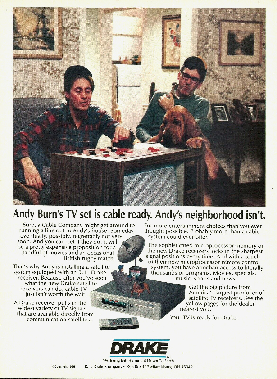 1985 R L Drake TV Satellite Receiver Andy Burn vintage Print AD Advertisement