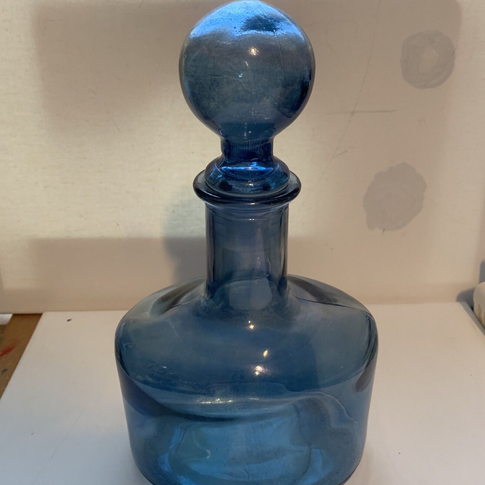 Vintage SVE Glass Decanter With Stopper Blue 11.5” Tall  Italy