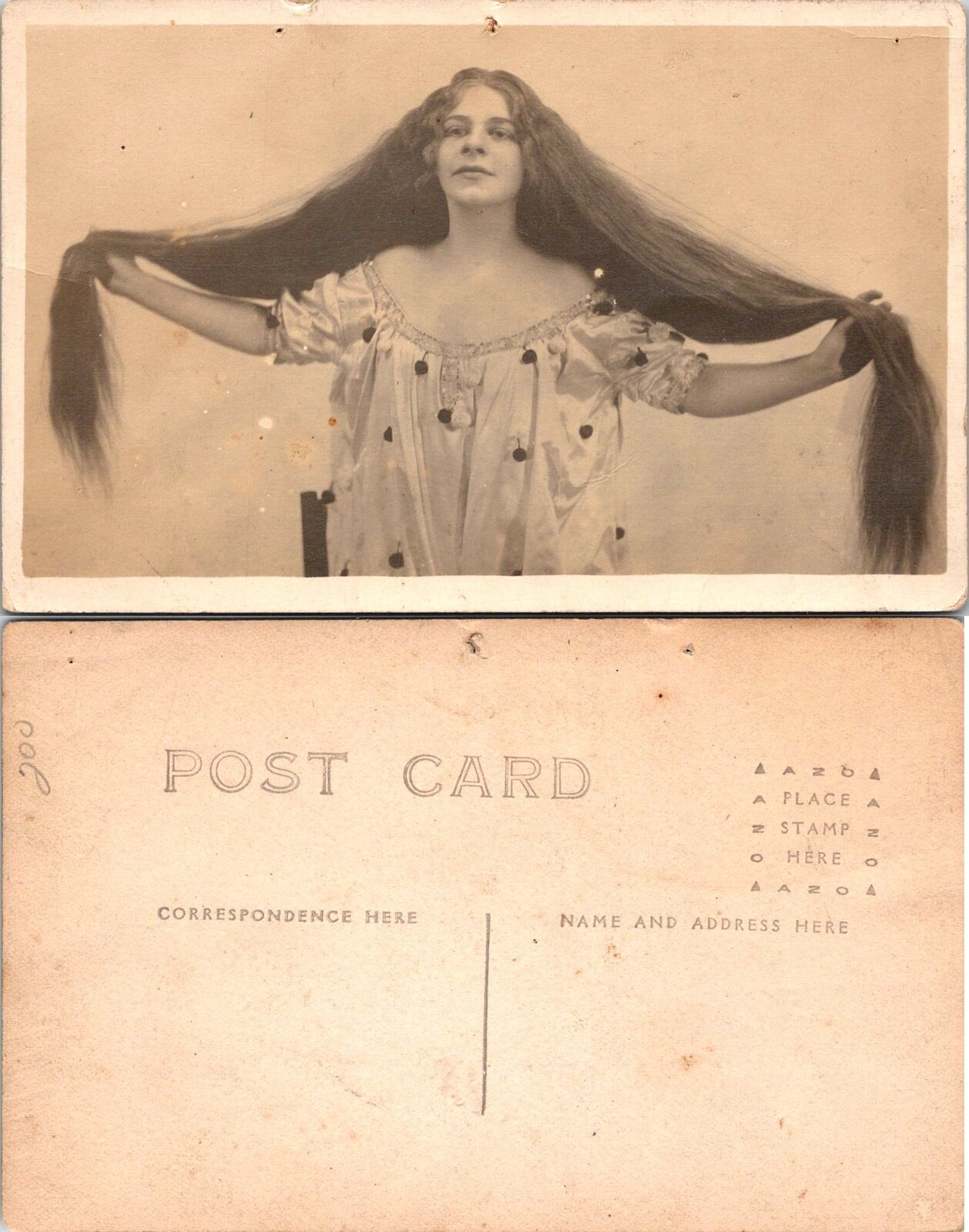WOMAN LONG HAIR FANCY DRESS w/ BALLS ODDITY FREAK SIDE SHOW RPPC Postcard h_7