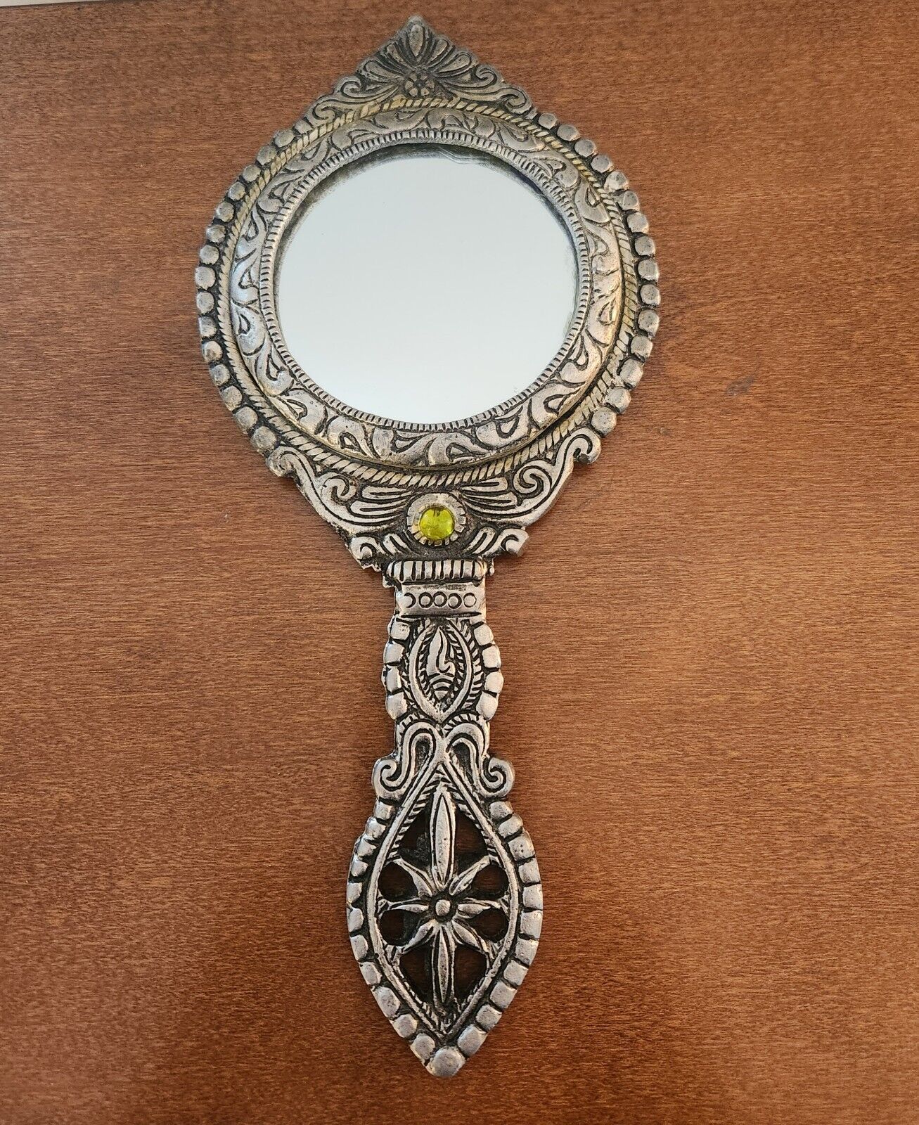 Hand Mirror Two-sided Round Shape Carved Silver Plated Metal W/ Green Jewels