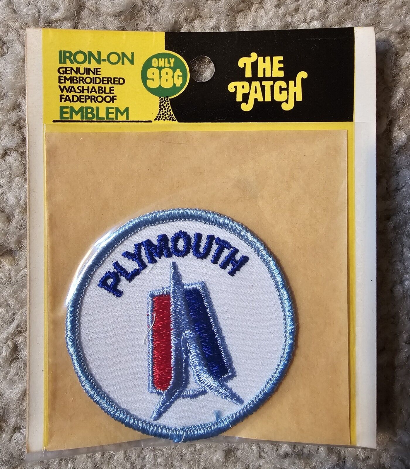 NOS Vintage 1970s Plymouth Red White Blue Car Logo Patch in Original Package